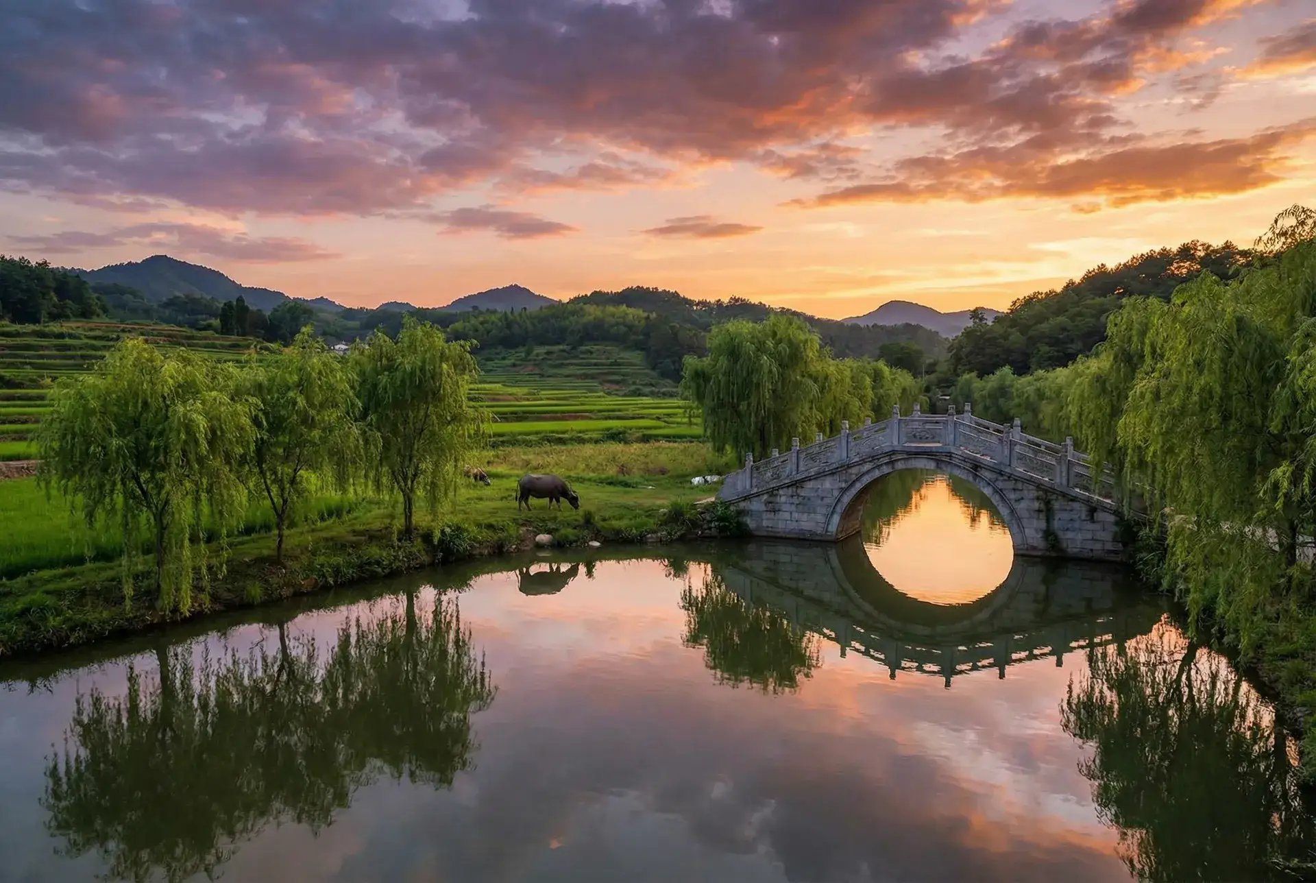 夕阳下的石拱桥与垂柳，水牛在河边吃草 - 甘鞭在线观看 乡村美景